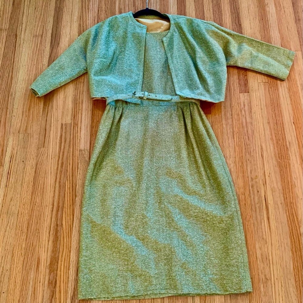 Cathy Gray Vintage Gold Lame Wiggle Dress, Jacket and Belt Ensemble